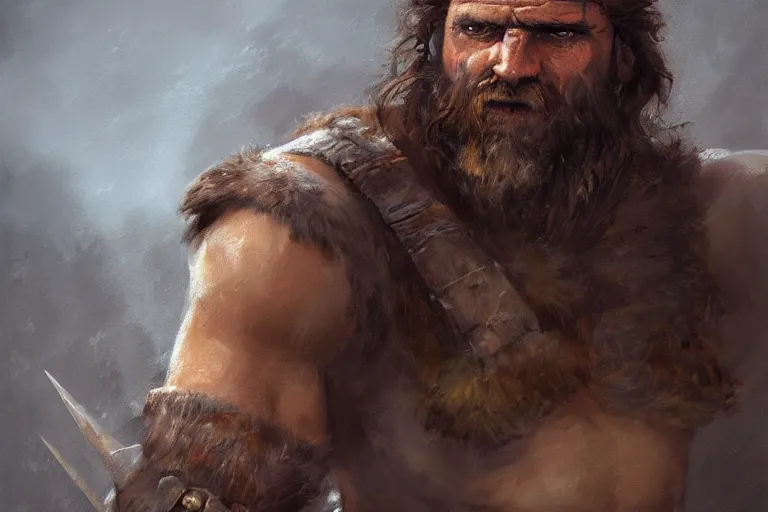 Image similar to a full body fantasy portrait oil painting illustration of a single rugged stoic barbarian man by Justin Sweet with face and body clearly visible, d&d, rpg, forgotten realms, artstation trending, high quality, sombre mood, artstation trending, muted colours, no crop, entire character,