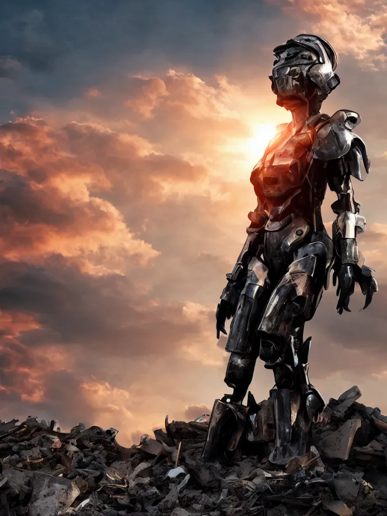 Prompt: emily blunt in futuristic power armor, close up portrait, solitary figure standing atop a pile of rubble, sunset and big clouds behind her