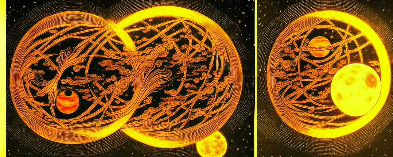 Image similar to a fiery yokai radiates a unique canto'as above so below'to the moon, while being ignited by the spirit of haeckel and robert fludd, breakthrough is iminent, glory be to the magic within, in honor of saturn, painted by ronny khalil