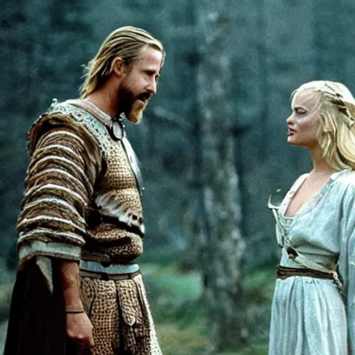 Image similar to still of ryan gosling and margot robbie, in a viking movie ( 1 9 8 6 )