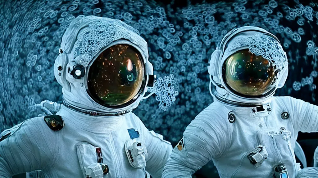 Image similar to a astronaut eva suit covered in diamond 3d fractal lace iridescent bubble 3d skin and covered with insectoid compound eye camera lenses floats through the living room, film still from the movie directed by Denis Villeneuve with art direction by Salvador Dalí, wide lens,