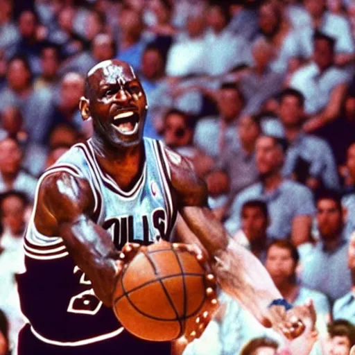 Image similar to film still of Micheal Jordan playing against Lebron James on a basketball court, 8k