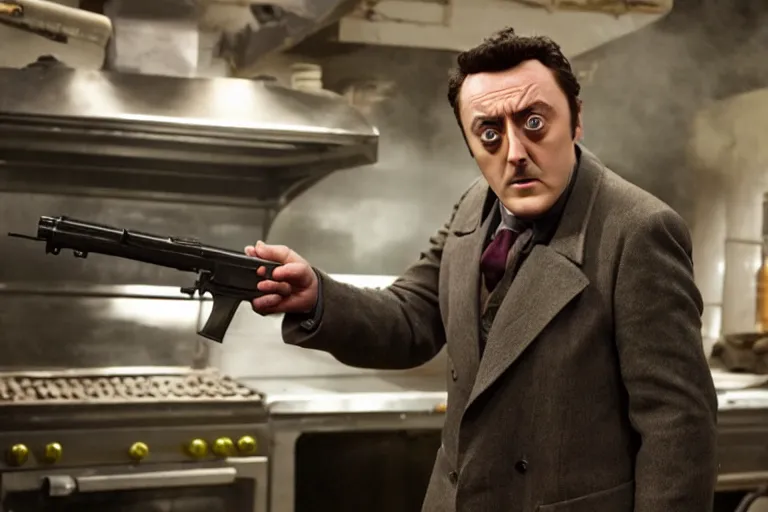 Prompt: a film still of Peter Serafinowicz in the Warner Brothers movie Kitchen Gun, high quality