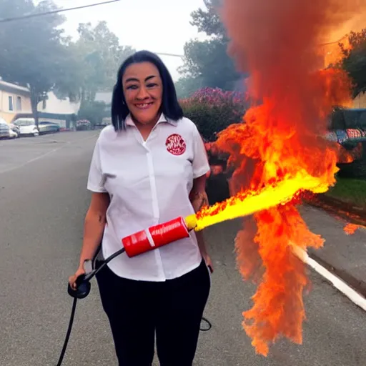 Image similar to a photo of a woman wearing a shirt holding a fire extinguisher, on her shirt writes two aunts