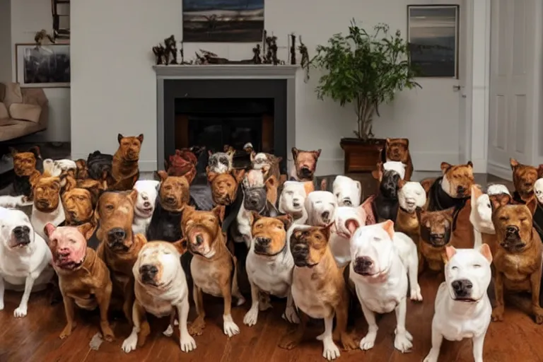 Prompt: a living room full of pit bulls that are facing directly into the camera