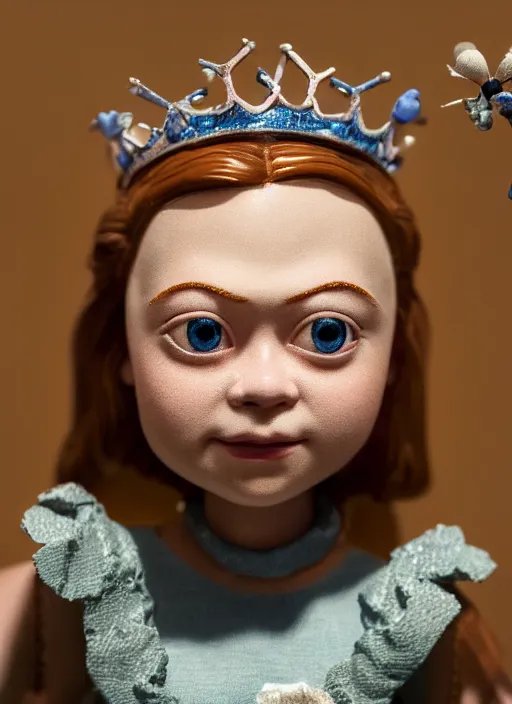 Image similar to closeup face profile portrait of greta thunberg as a tin toy fairytale princess wearing a crown eating cakes, bikini, depth of field, zeiss lens, fashion photoshoot, by nicoletta ceccoli, mark ryden, lostfish, dan decarlo, bob clampett, max fleischer, breathtaking, detailed, hyperrealistic, octane render