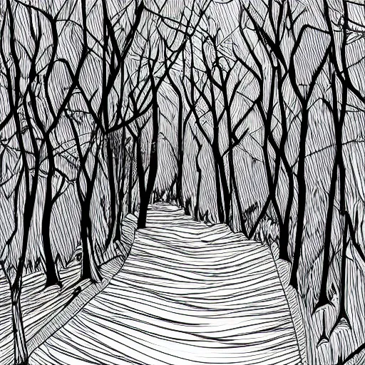 Prompt: path in the woods, vector, line art, black and white, illustration by aluna1
