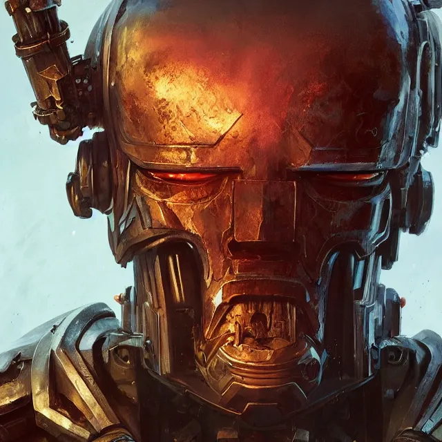 Image similar to hyper realistic portrait of warhammer android machine symmetric cinematic, chaos marine, humanoid, artstation, cgsociety, full head, greg rutkowski, james gurney, mignola, craig mullins, brom