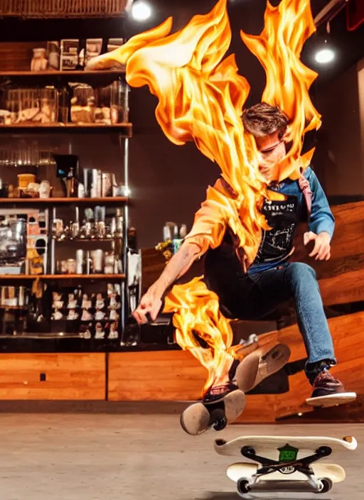 Prompt: a barista skateboarding over a flaming latte, photorealistic