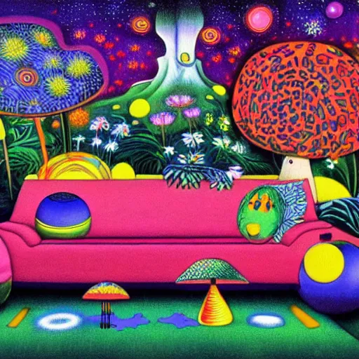 Image similar to psychedelic trippy couch in the lush forest, planets, flowers, mushrooms milky way, sofa, cartoon by carl barks and eric carle