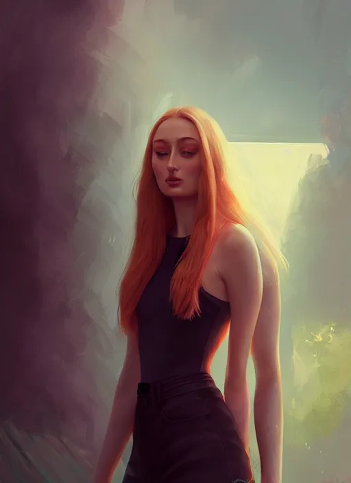 Image similar to sophie turner detailed clothing, half body shot, arms down, path traced, highly detailed, high quality, digital painting, alena aenami, arnold bocklin, tom bagshaw
