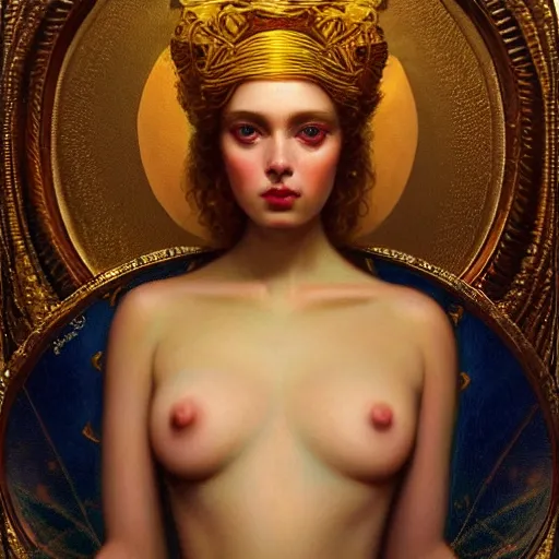 Image similar to highly detailed oil painting | very intricate | cinematic lighting | award - winning | the goddess babalon wearing a gold and blue dress | by roberto ferri, by tom bagshaw, by j. c. leyendecker and klimt, beautiful cinematic light, american romanticism, by austin osman spare, artstation, cgsociety, official art, octane