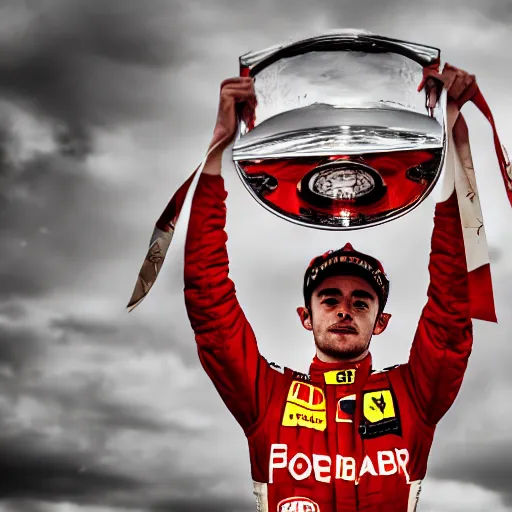 Image similar to charles leclerc, formula 1, lifting trophy, ferrari, dramatic lighting, photograph, widelens, 4 k, hdr