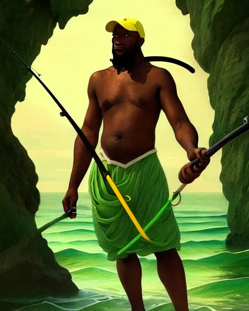 Prompt: fisherman, male, athletic, Jamaican, wide angle, master of the sea, magical fishing rod weapon, D&D, fantasy, jamaican colors yellow green black red, intricate, elegant, highly detailed, digital painting, artstation, octane render, concept art, matte, sharp focus, illustration, hearthstone, art by Artgerm and Greg Rutkowski and Alphonse Mucha