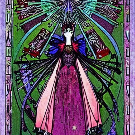 Prompt: madoka magica, artwork by Harry Clarke, magical girl