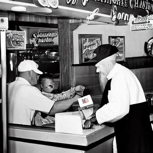 Image similar to a photograph of a real - life popeye the sailor man handing change to a customer at a popeye's chicken restaurant. he is behind the counter wearing a uniform, the customer is wearing khakis and a coat.