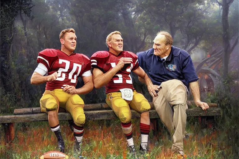 Image similar to portrait of jerry van dyke and craig t nelson planning football, an oil painting by ross tran and thomas kincade