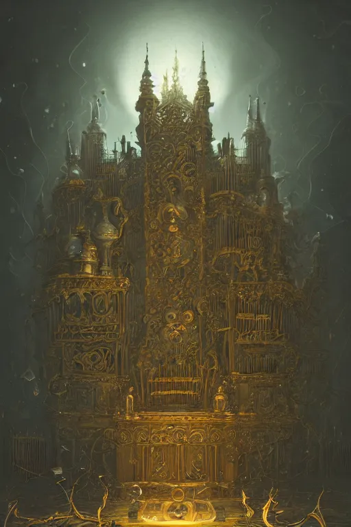 Image similar to illustration of close low angle view of an ornate obsidian gothic pipe organ with gold spidery embellishments, night, smoke, ground fog, by peter mohrbacher, by alex andreev, by jacek yerka, by alan lee, large depth of field, super detailed, digital art, trending on artstation, ornate