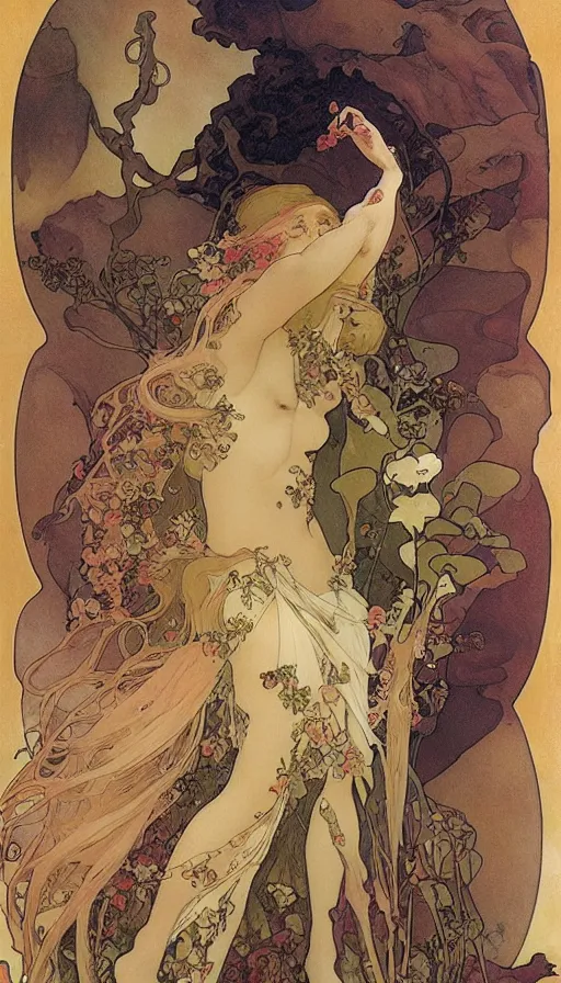 Image similar to life and death mixing together, by alfons maria mucha