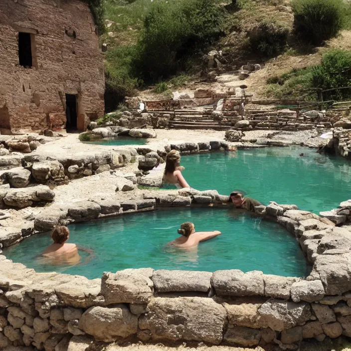 Prompt: ancient roman hot springs with dog relaxing everywhere