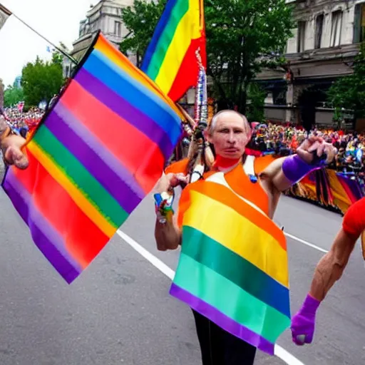 Prompt: putin at gay pride. leather chaps, joyful, carnival, floats, banners, dancing,