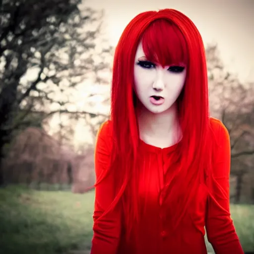 Image similar to cute anime girl with red hair, angry facial expression, in red dress