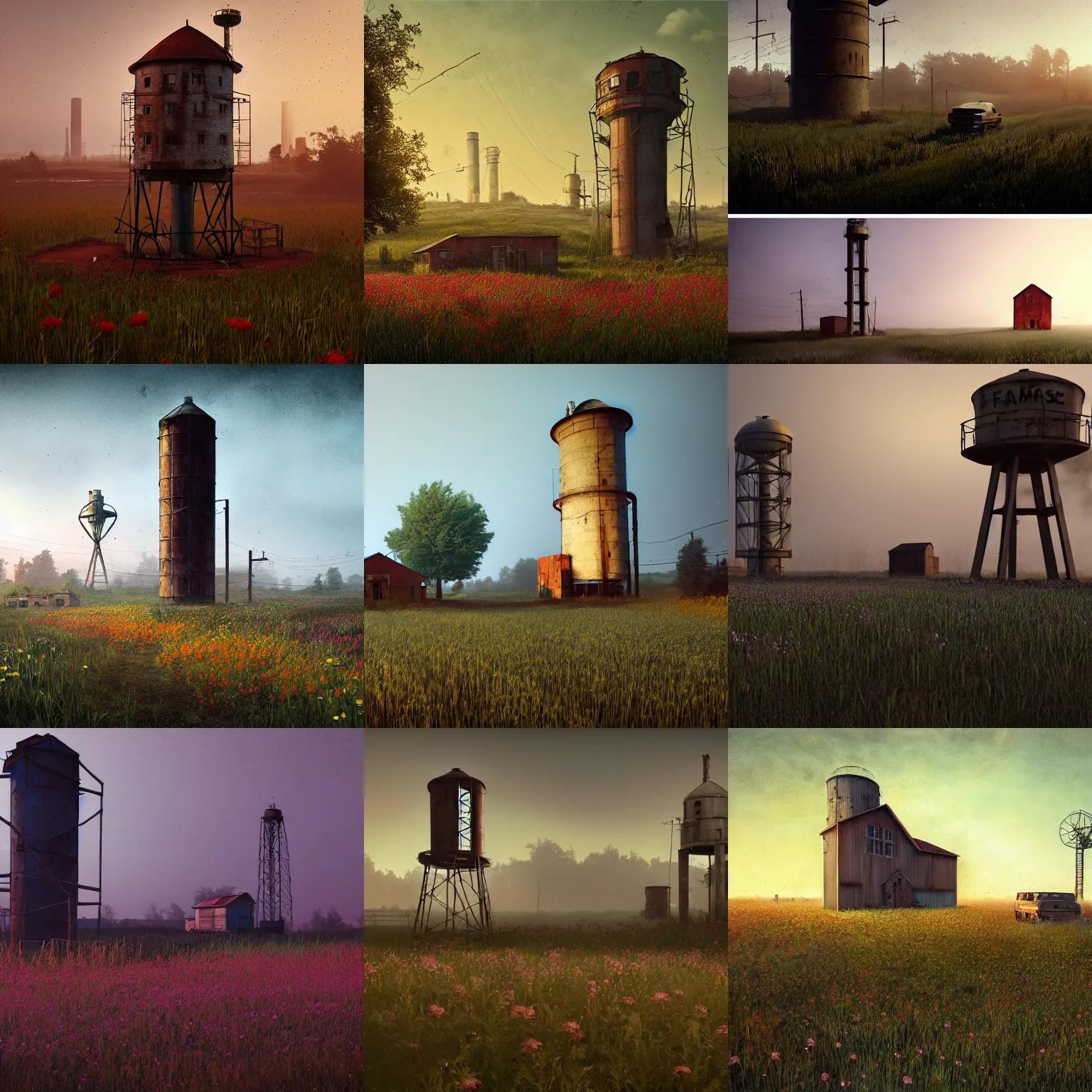 Prompt: rural post - cyberpunk, post - apocalyptic, farmhouse with a rusty water tower in a flower field by scott listfield and gregory crewdson, post - cyberpunk,! at night!, fog, 8 k render, trending on cgsociety, trending on artstation