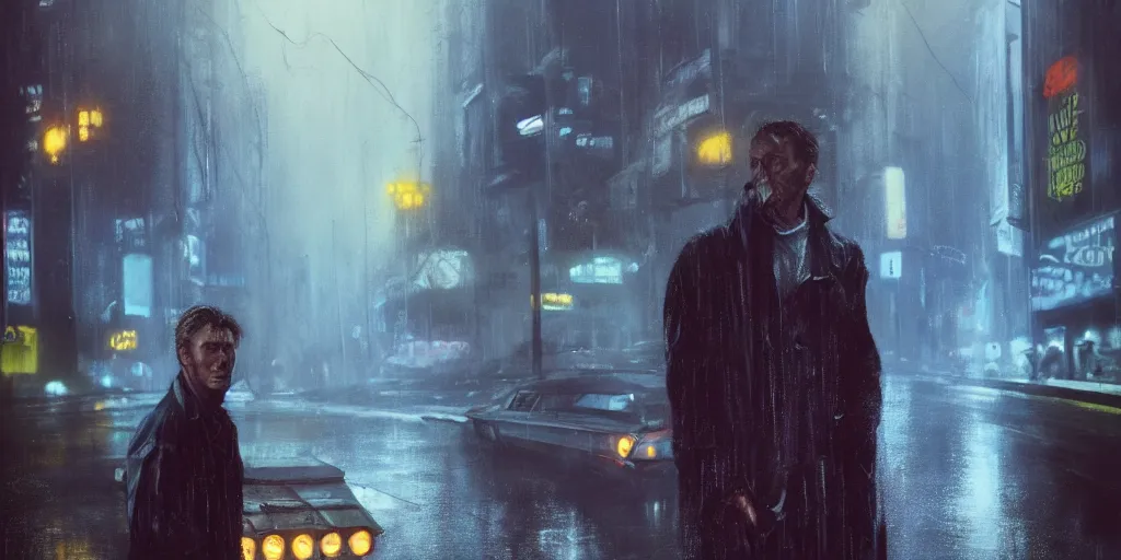 Image similar to painting of young middle age clint eastwood in blade runner movie by repin, posing on a neon rainy vague street in headlights matte painting, 8k resolution, concept art, detailed, photo realism, cgsociety, artstation, behance, amazing, wow, touching