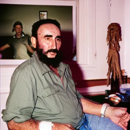 Image similar to fidel castro wearing denim shorts, full body portrait, 3 5 mm film, by nan goldin