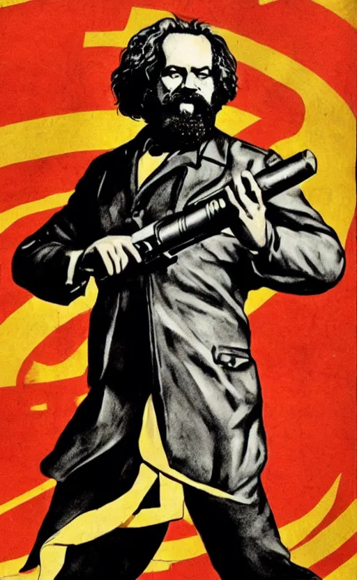 Image similar to full 70s action movie poster with Karl Marx in kung fu pose, drawing 4k, grainy picture cinematic dramatic light