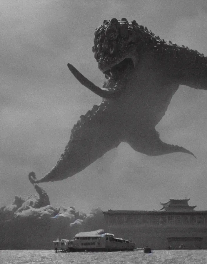 Image similar to a filmstill of a north korean monster movie, kaiju - eiga monster starfish - like trampling a traditional korean palace, foggy, film noir, video compression