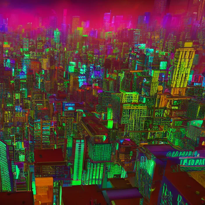 Prompt: wide ((wide)) photo of surreal city sky line (((dynamic neon lighting)) in chromatic dmt trippy style of fear and loathing unreal engine 50mm photorealistic