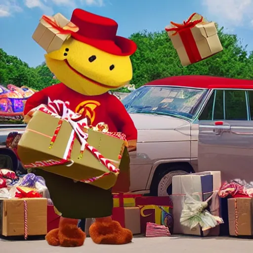 Image similar to hyperrealistic photo of the Snappy Gifts mascot delivering gifts in a flea market