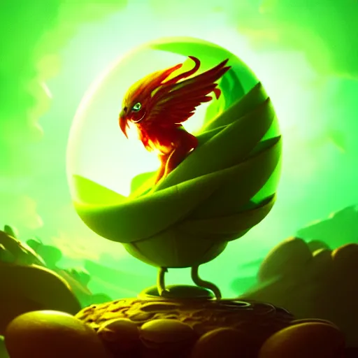 Image similar to little poisonous green phoenix climbs out of a broken big egg, peter mohrbacher style, ray tracing, cinematic, digital art, realistic, octane render