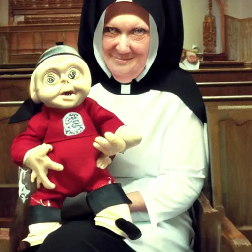 Image similar to a nun in church holding chucky the killer doll on her lap