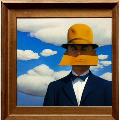 Image similar to a portrait painting of a detective with a paper bag over his head, the man is surrounded by clouds, Edward hopper, Rene Magritte, 4k,