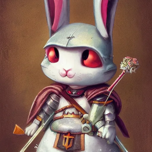 Prompt: a cute rabbit knight, digital painting byRoss Tran and Mark Ryden, cute and lovely, high detail, nursery poster