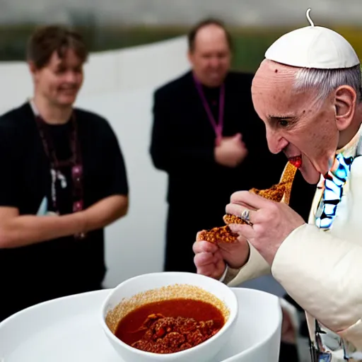 Image similar to the pope eating chili from a white toilet bowl, more toilets lined up next to him