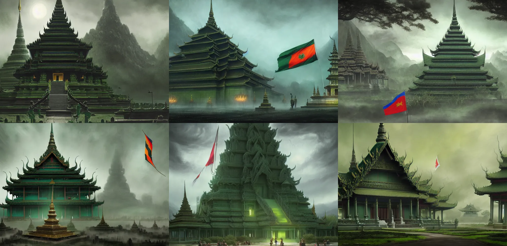 Prompt: Matte painting of an eldritch green buddhist temple with Thai flag. Cthulhu is coming down from the sky. It is the end of the world. By Greg Rutkowski. Horror. Surreal. Trending on Artstation. HD, 8K, highly detailed, good lighting, beautiful, epic