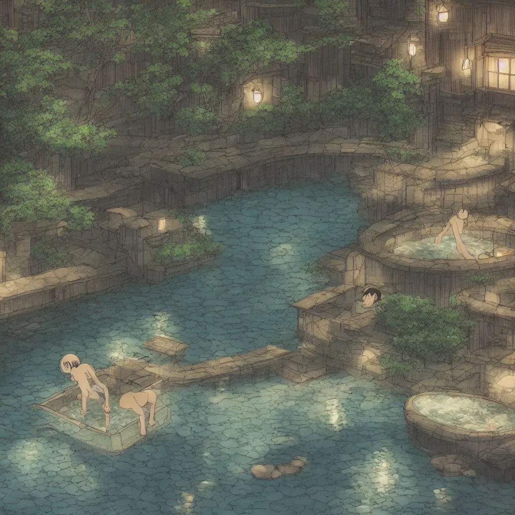 Image similar to Japanese bath house at night (Spirited Away), next to pond, highly detailed, 3D render, digital art, artstation, 8K photography, matte photo-realistic, vivid colors, perspective, by Hayao Ghibli Miyazaki!!!, breath of the wild style