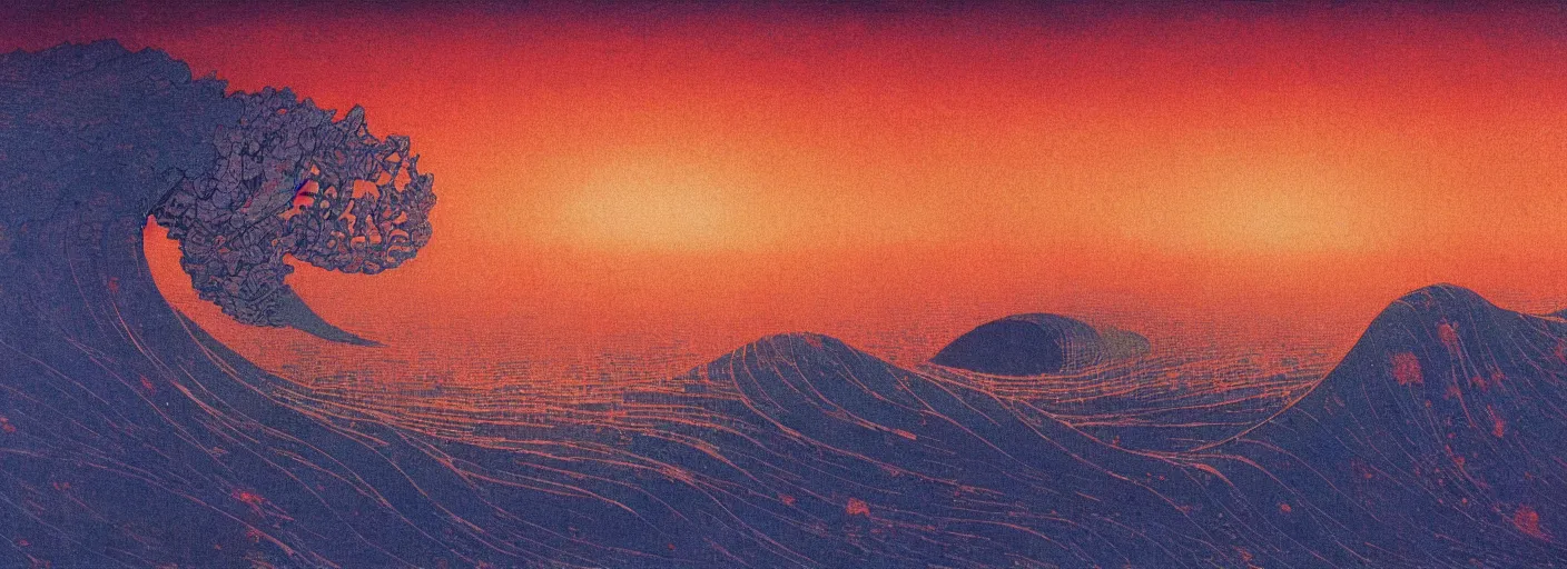 Image similar to sunset over a glowing alien ocean on another planet, katsushika hokusai, beksinski, high details, colorful, atmospheric light