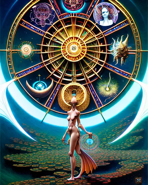 Image similar to the wheel of fortune tarot card, fantasy character portrait made of fractals, ultra realistic, wide angle, intricate details, the fifth element artifacts, highly detailed by peter mohrbacher, hajime sorayama, wayne barlowe, boris vallejo, aaron horkey, gaston bussiere, craig mullins