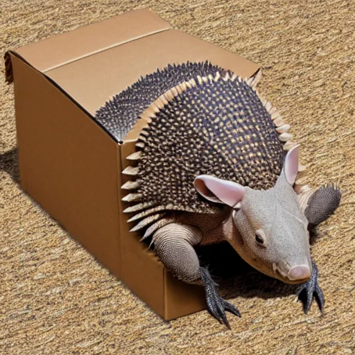 Image similar to an armadillo in a cardboard box