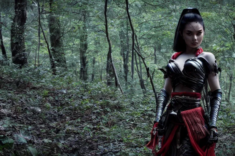 Prompt: vfx movie scene closeup nomad cyborg warrior geisha in a smoldering forest. by emmanuel lubezki