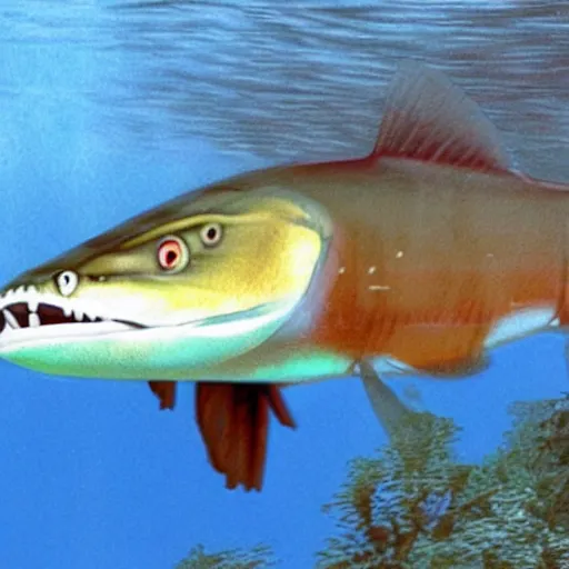 Image similar to i dreamt of a barracuda with human flesh in my backyard