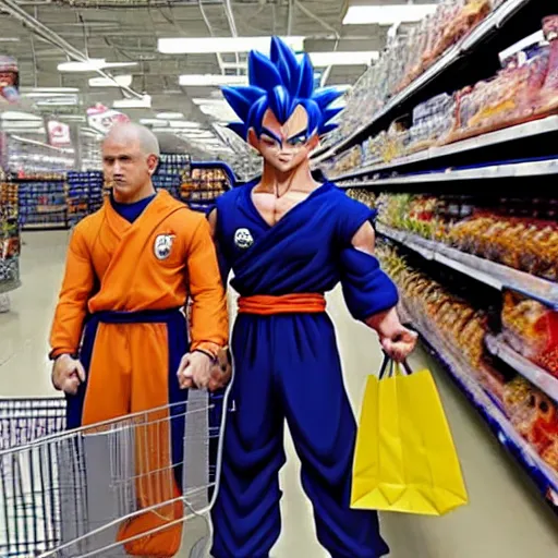 Prompt: Goku and Vegeta shopping at Walmart