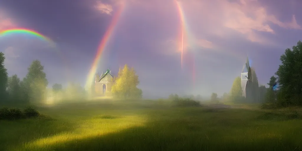 Image similar to idyllic church chapel with a steeple in a lush countryside meadow forest, rainbow across the sky, ethereal, golden swirling dust, iridescent, atmospheric, volumetric, cinematic, light breaking through clouds, greg rutkowski, wlop, otherworldly, glowing, trending on artstation, 8 k, unreal engine