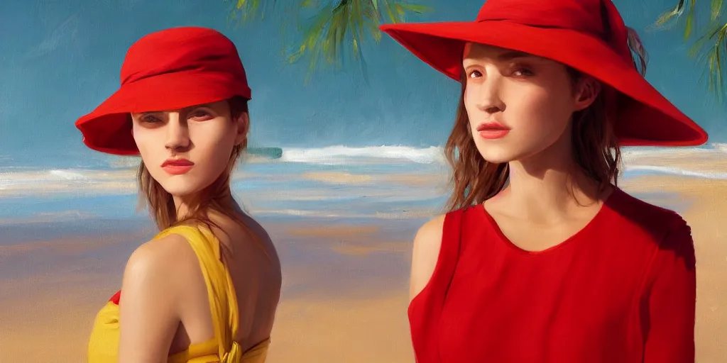 Image similar to beautiful oil matte portrait painting, young woman with red dress and mustard yellow summer hat at a beach on a sunny day, wonderful masterpiece highly detailed, beautiful cinematic light deep focus, elegant, digital painting, smooth, sharp focus, golden ratio, dramatic illumination, ultra realistic, 8 k, art by jimmy law