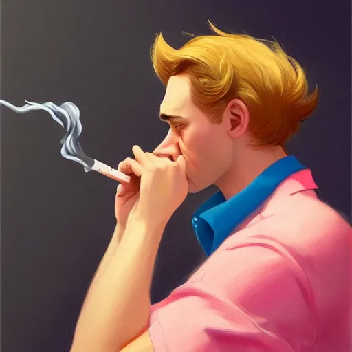 Prompt: portrait of wolf wearing pink shirt, smoking cigarette, digital painting, artstation, concept art, smooth, sharp focus, illustration, art by artgerm, james jean, jean giraud, edward hopper, gaston bussiere and greg rutkowski