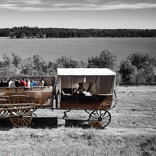 Image similar to a birds - eye view sepia photograph of a delorean made into a covered wagon, traveling in a line with covered wagons and cattle